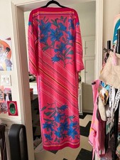 Vintage 70s Style Hot Pink Blue Lily Floral Kaftan Maxi Dress Plus 1X 2X picture