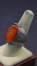 Ancient Old Central Asian Solid Sliver Ring With Natural Agate Stone & Intaglio picture