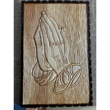 Vintage Hand Carved Wood Praying Hands Wall Plaque Religious Folk Art 12in God picture