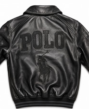 Polo Ralph Lauren Men's Black Genuine Leather Varsity Bomber Jacket NEW picture