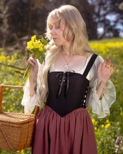 Women’s Renaissance Costume Dress Lace-Up Corset Bodice Blouse Skirt Cotton picture