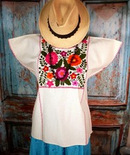 Huipil Tunic Top Hand Embroidered Multi Color Flowers Cotton Manta Oaxaca Mexico picture