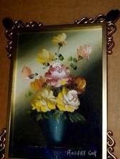 Amazing Robert Cox Royal Bouquet yellow pi Roses Vase Oil on Wood Original Paint picture