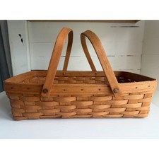 Longaberger Woven Basket Rectangle Brown Wood Double Swing Handles Gathering picture