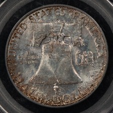 1958-D 50c Franklin Silver Half Dollar - PQ Rev Toning - PCGS MS 65 FBL - X6339 picture
