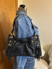 B. Makowski Black Leather Slouchy Hobo Shoulder Bag W/ Fringe And Gold Grommet picture