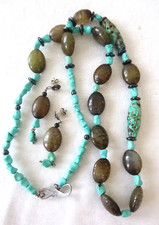 Vint Artisan Turquoise & Brown Moonstone Necklace Earrings Set 925 Silver Clasps picture