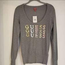 NWT GUESS Gray Long Sleeve Top with Multi Sequin Color Logo size Medium picture
