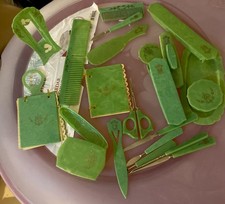 1920’s 24 PCS ART DECO GREEN CELLULOID 2 Address Books , VTG Manicure, Sissors picture