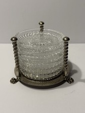 Vintage 1847 Rogers Bros Silverplate Cut Glass Coaster Set of 6 w/ Holder picture