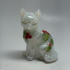 Vintage Fenton Glass White Opalescent Painted Poinsettia Cat Figure- Signed picture