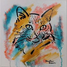 Hand Painted Cat Art Painting Mixed Media On 12X12 Canvas Signed Unframed picture