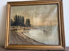 Antique c.1900 Impressionist Coastal Oil Painting–Beach Figures Sailboat–Canvas picture