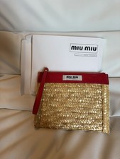 Miu Miu Beige/Red Woven Zip Wristlet Clutch Pouch Gold Hardware picture