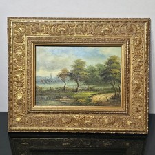 19th Century European Landscape Antique Oil Painting on Board Gilt Frame picture
