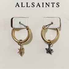 AllSaints New Celestial Star Charm Huggies Earrings in Gold Tone Plated Brass picture
