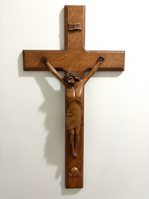 Large Vintage Hand Carved Wood Golgotha Crucifix INRI Skull 29.5” Wall Cross picture