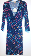 Anne Klein Navy Multicolor Abstract Wrap Dress 8 Knee V-Neck 3/4 Knit Stretch picture