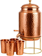 Pure Copper Hammered Water Dispenser Storage Water Tank with Tap and Set of 4 Co picture