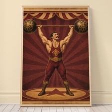 Vintage Circus Strongman Print, Burgundy and Gold Wall Art Poster picture