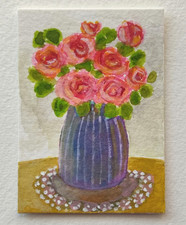 ACEO Original Miniature Painting ROSES PURPLE VASE Watercolor Gouache OOAK picture