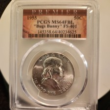 1955 50c PCGS MS64 FBL “Bugs Bunny” FS-401 Silver Franklin Half Dollar Coin  picture