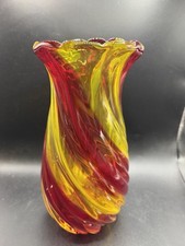 Vtg Murano Style Red Yellow Amber Art Glass Swirl Vase Twisted Rim 10