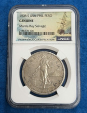 1908-S USA-Philippine Silver Peso NGC Genuine Manila Bay Salvage - WWII picture