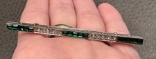 VTG Carolee Art Deco Style Bar Brooch Green Clear Rhinestones Silver Tone picture