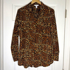 NWOT Nine West Women’s Leopard Animal Print Button-Front Shirt Black L picture