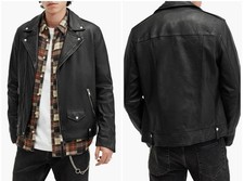AllSaints Men's Black Milo Asymmetric Zip Leather Biker Jacket Size Medium picture