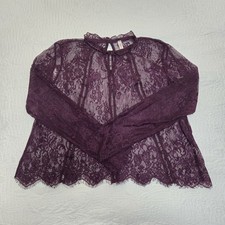 Xhilaration Womens Plum Purple Sheer Floral Lace Mock Neck Blouse Top Medium picture