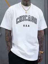 Men's Chicago U.S.A. Letter Print Casual T-Shirt - Lightweight, Breathable Polye picture