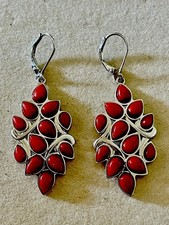 Southwest Sterling Silver Coral Cluster Pave Leaf Lever-Back Dangle Earrings picture