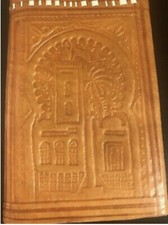 Vintage Handmade Tooled Leather Wallet Architectural Folk Art Inlay Design picture