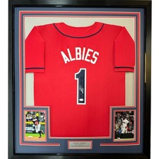 Framed Autographed/Signed Ozzie Albies 35x39 Atlanta Red Jersey JSA COA picture