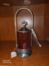 ​Antique 1880s E.G. Webster & Son Cranberry Pickle Castor w Tongs UV Manganese picture