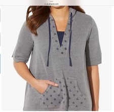 Catherines Plus Size Patriotic Terry Gray Hoodie STARS DUET TUNIC Top 4X 30/32 picture