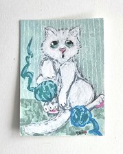 Original ACEO White Cat Yarn Play Adventure Whimsical Dulce Maria Rico