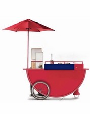 Red Mobile Food Service Cart w/ Umbrella, Wheel & Service Counter picture