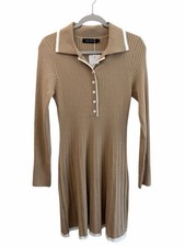 NWT Merokeety Preppy Ribbed Henley Style Knit Dress Tan White Trim Size Large picture