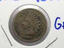 OLD COPPER COIN G+ 1859 INDIAN HEAD CENT PENNY PARTIAL LIBERTY LOT 64a picture