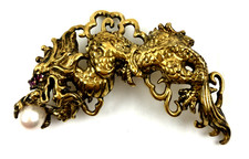 Vtg Antique Mark EN 87 Sterling Silver Gold Chinese Dragon Ruby Yes Brooch Pin picture
