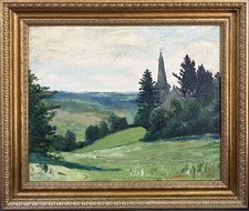 Original Impressionist Antique Oil Painting French Landscape Church Sign Framed picture