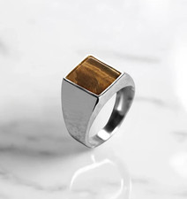 Men’s Tiger Eye Ring 925 Sterling Silver Baguette Signet Ring Handmade picture