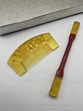 Vintage Japanese Kushi&Kogai Set Carved Amber Resin Hair Ornaments Kimono Boxed picture