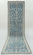 Hand Knotted Oushak Runner Rug Wool Hallway Carpet Blue Turkish Custom Size picture