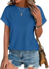 Womens Eyelet Embroidery Top Short Sleeve Curved Hem Loose Fit Summer T Shirt picture