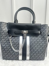 AUTHENTIC Michael Kors Hamilton Large Belted Satchel Black And Silver NWT picture