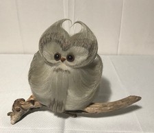 Vintage MCM/Retro Wooly Gray & White Owl Figure on Driftwood Branch/Signed Vikki picture
